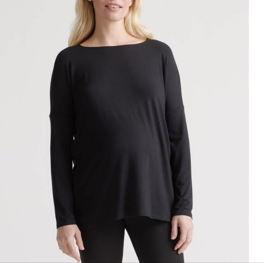 Quince Bamboo Maternity Boxy Long Sleeve Tee With Scoop Neck Size Large Black